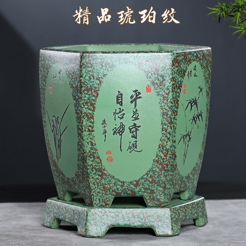 宜兴紫砂六方复古风君子清仓花盆