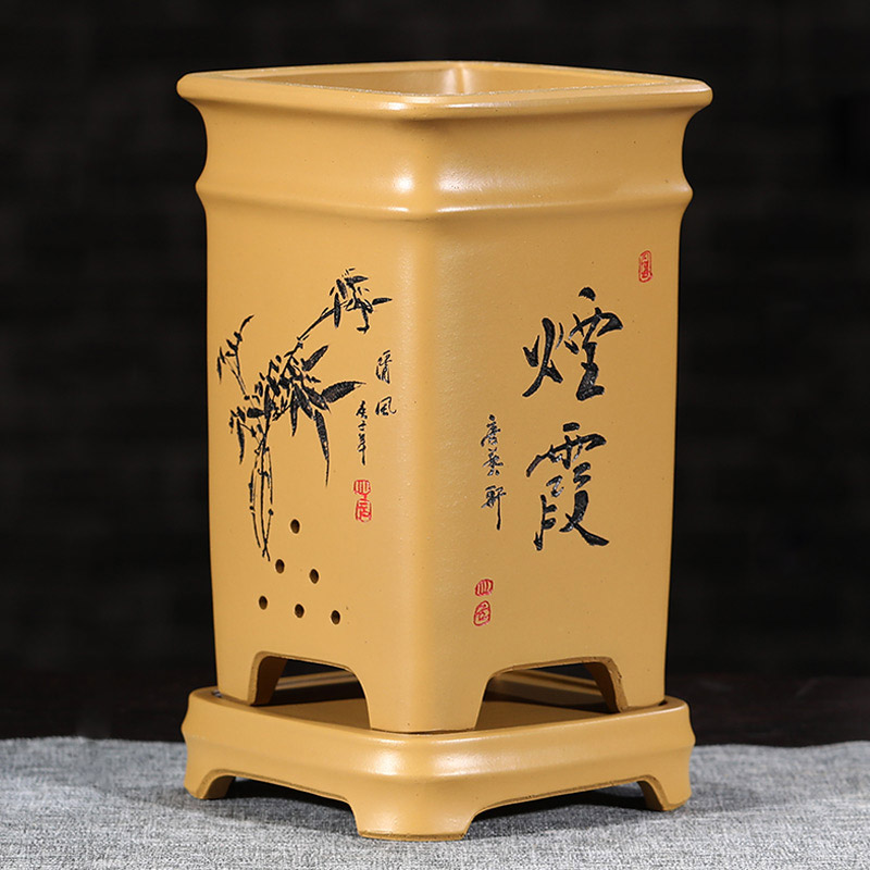 透气紫砂创意竹节紫砂花盆四方形