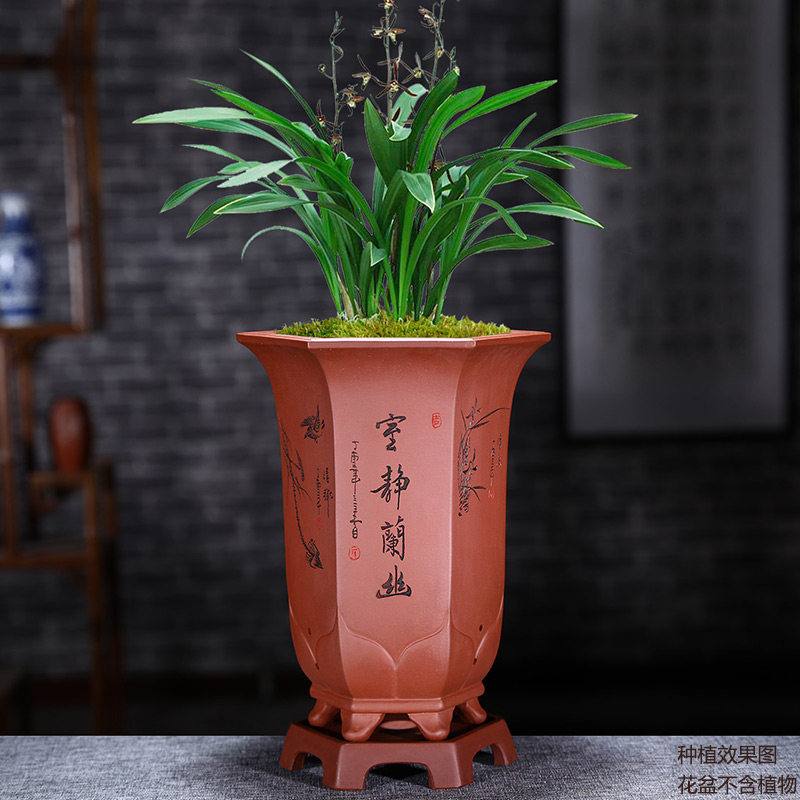 高档兰花盆名家手工紫砂花盆带底座精品六方红色高端盆墨兰建兰盆