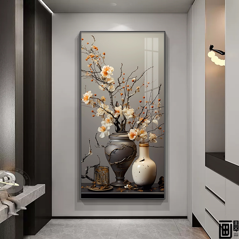 北欧玄关装饰画花卉走廊过道挂画侘寂风进门墙画客厅入户竖版壁画图片