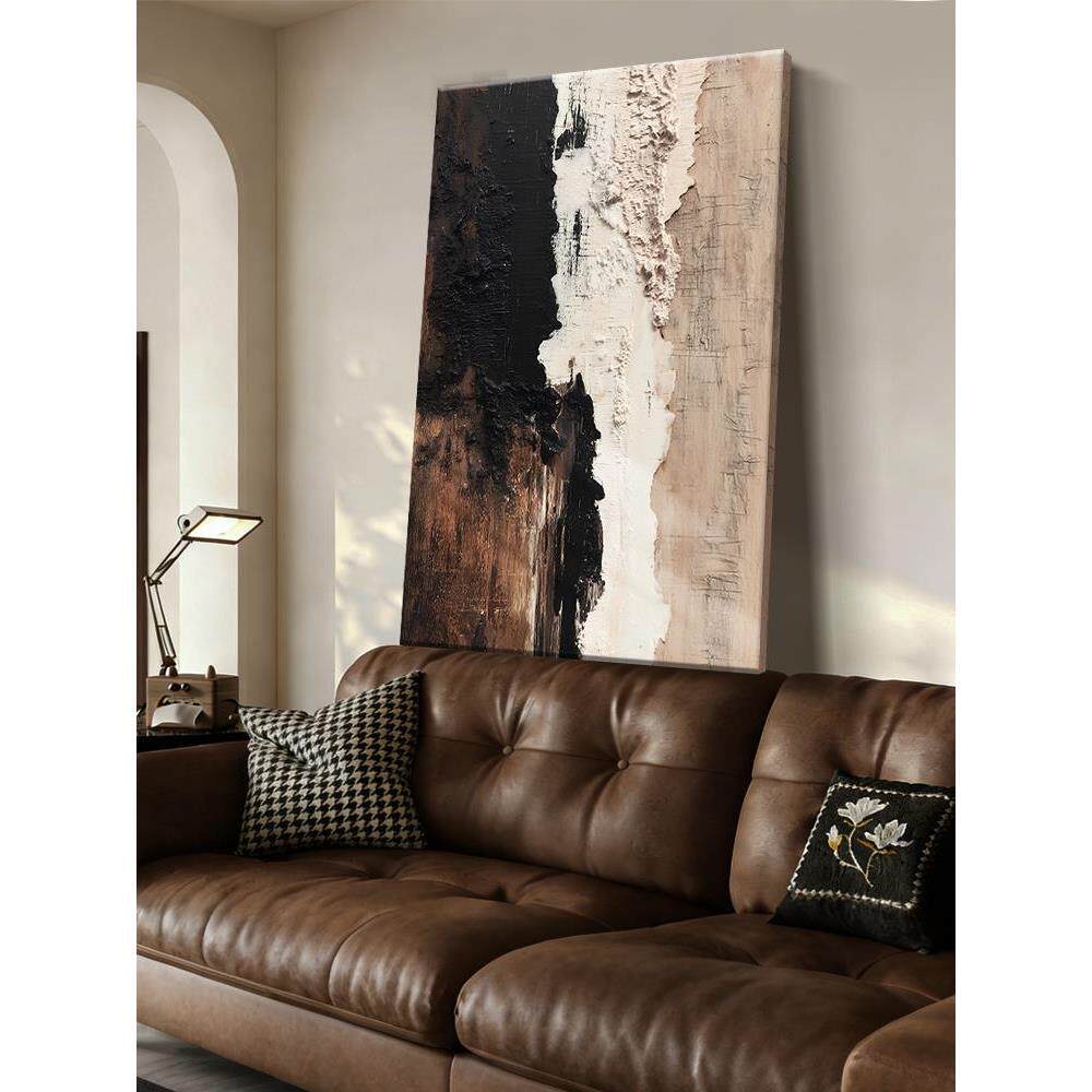 奶油中古风客厅装饰画棕色抽象肌理高级感沙发背景墙壁挂画玄关画