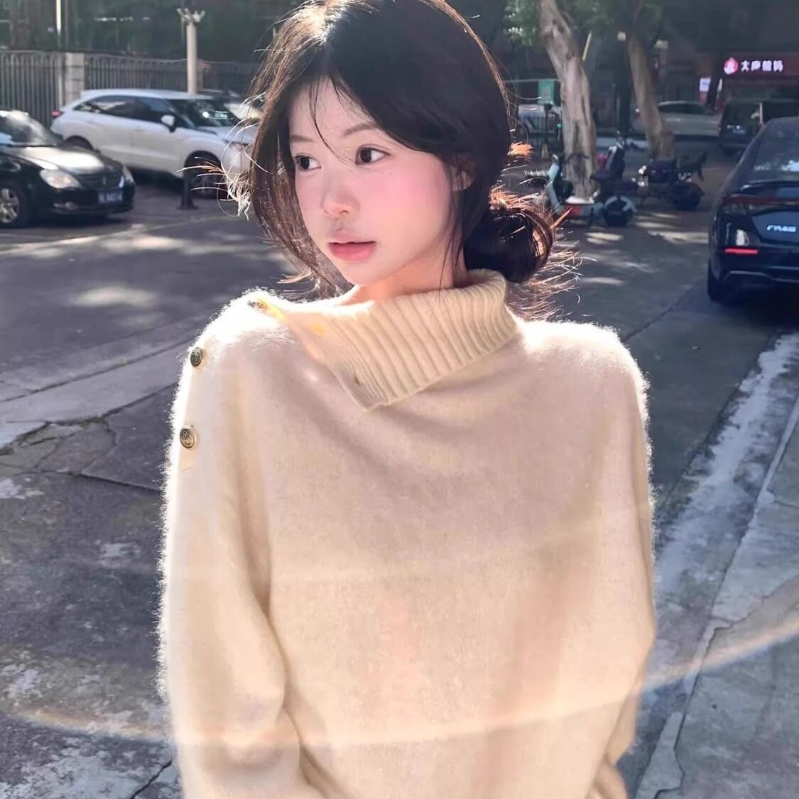 慵懒风高级设计感高领毛衣女秋冬宽松外穿软糯奶呼呼套头白色