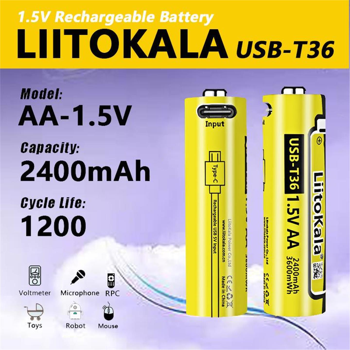 LiitoKala 1.5V AA2400mAh锂电池USB-T36可充电玩具遥控器鼠标电