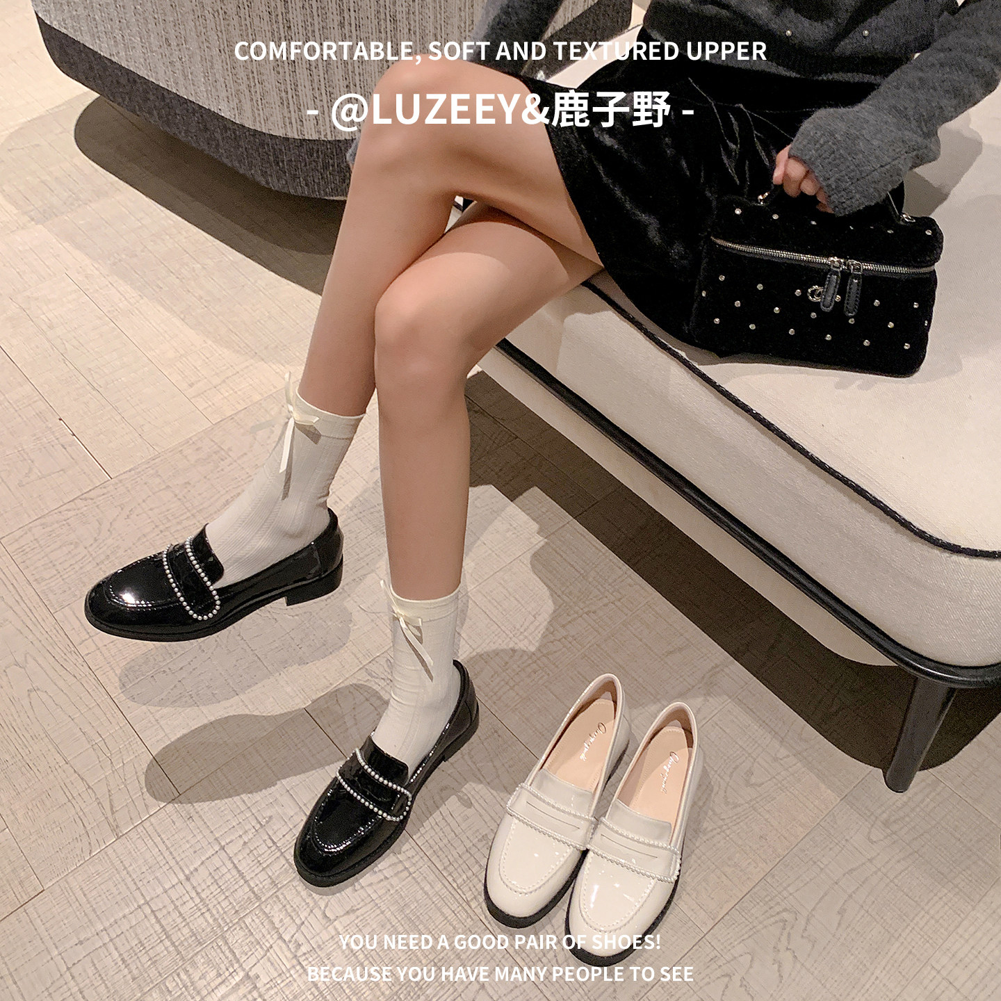 @LUZEEY&日系学妹~高货2.5cm粗跟一脚蹬乐福单鞋女制服jk小皮鞋女