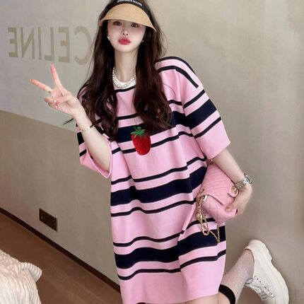 Retro Contrast Stripesd Dress, Summer Large Size Nightgown, Loose Belly-Covering, Slimming Look, Pure Cotton Embroidered T-Shirt Dress for Pregnant Women