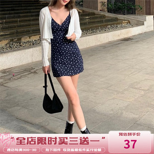 WEEKEEP 高腰a字连衣裙夏 欧美风低v领小个子碎花吊带裙女露背修身