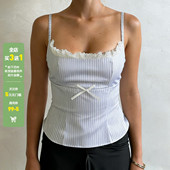 少女蕾丝拼接蝴蝶结条纹吊带背心百搭修身 WEEKEEP 法式 显瘦上衣