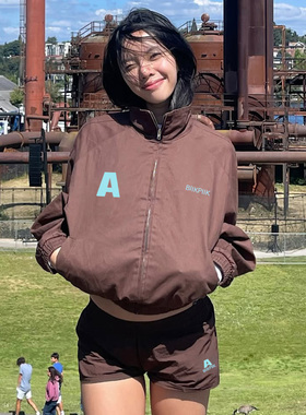 WEEKEEP 美式街头复古字母印花拉链长袖外套辣妹低腰修身短裤套装