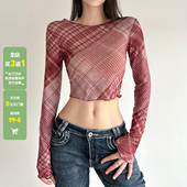 WEEKEEP T恤跳舞 长袖 复古辣妹红色格纹圆领网纱短款 上衣百搭修身