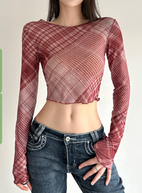 WEEKEEP 复古辣妹红色格纹圆领网纱短款上衣百搭修身长袖T恤跳舞