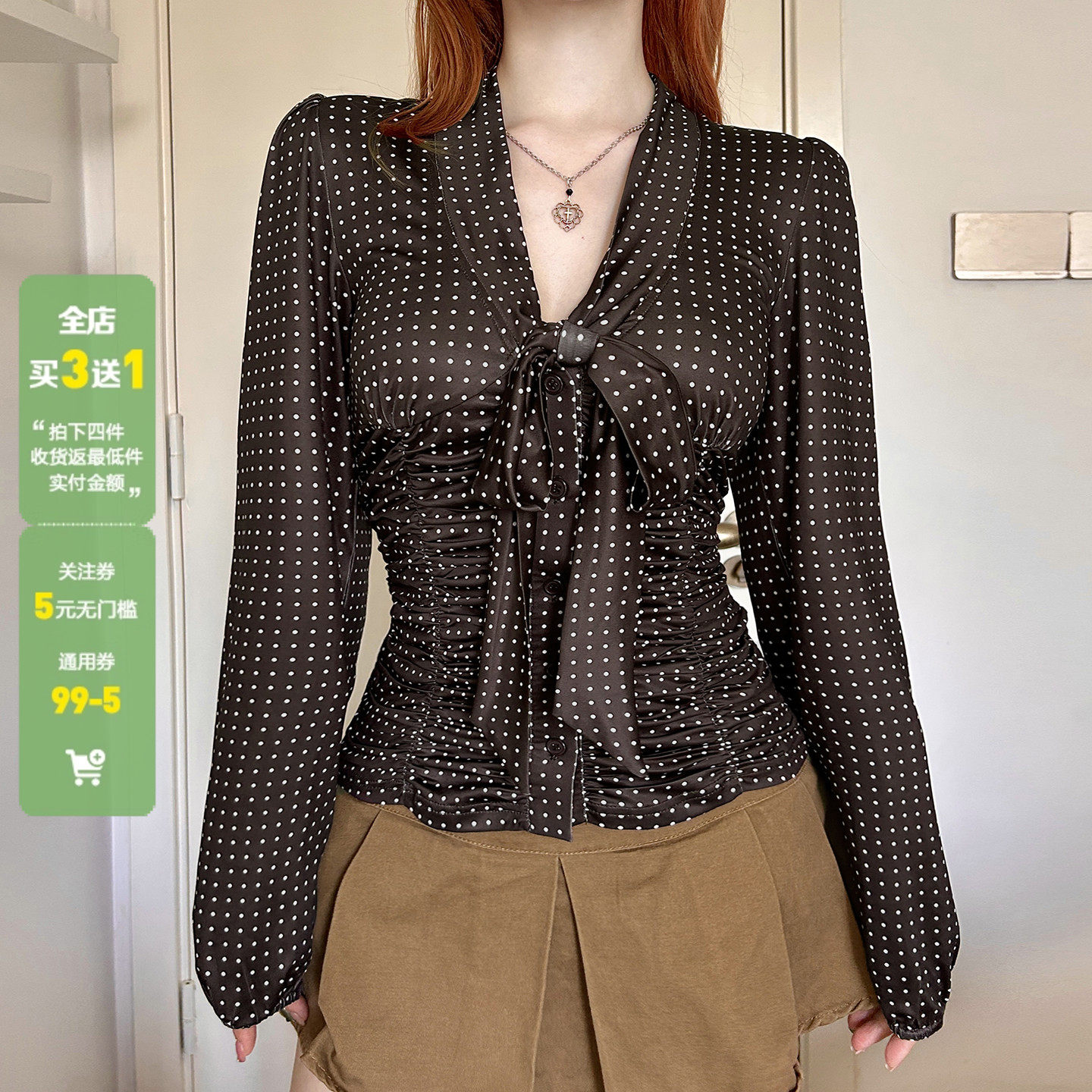 WEEKEEP 法式少女波点V领绑带排扣褶皱收腰长袖衬衫百搭修身上衣
