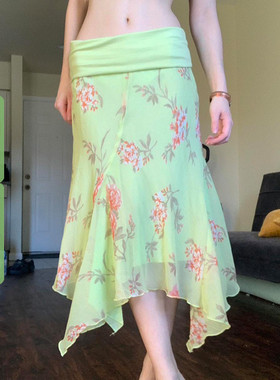 WEEKEEP 古早感小众植物花卉印花翻腰网纱半身裙低腰不规则中长裙
