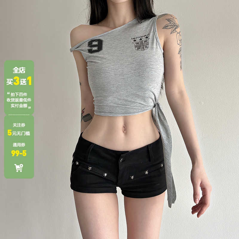 WEEKEEP 美式街头斜肩扭结数字印花飘带背心女休闲百搭短上衣跳舞