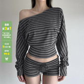 T恤女低腰撞色系带包臀短裤 WEEKEEP 休闲百搭条纹斜肩收腰长袖