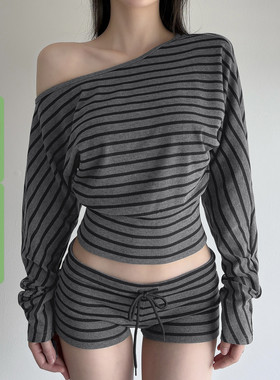 WEEKEEP 休闲百搭条纹斜肩收腰长袖T恤女低腰撞色系带包臀短裤