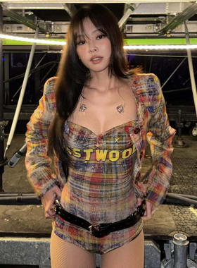 WEEKEEP Jennie同款字母印花性感紧身吊带短裤套装+格纹长袖外套