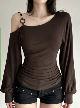 WEEKEEP 辣妹串珠斜领单肩灯笼袖上衣秋百搭褶皱收腰显瘦长袖T恤