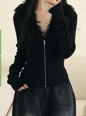 WEEKEEP 黑色可拆卸毛领拉链长袖毛衣女百搭修身显瘦V领针织衫