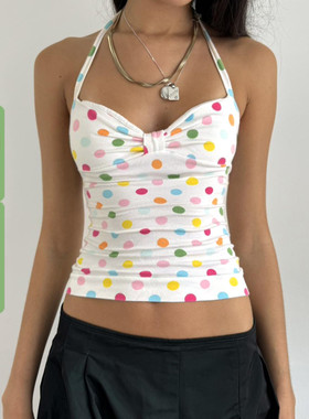 WEEKEEP 多巴胺彩色波点褶皱挂脖绑带露背吊带辣妹百搭修身背心