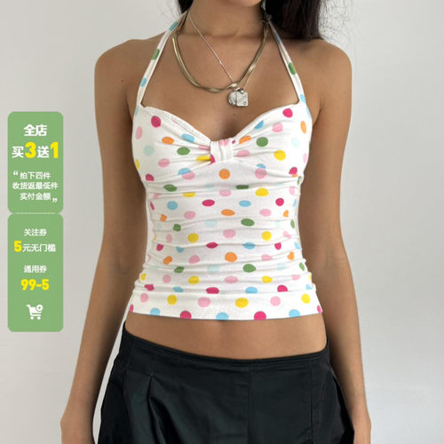 WEEKEEP 多巴胺彩色波点褶皱挂脖绑带露背吊带辣妹百搭修身背心