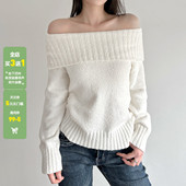 长袖 WEEKEEP 纯欲基础白色一字肩翻领坑条毛织上衣女百搭修身 毛衣