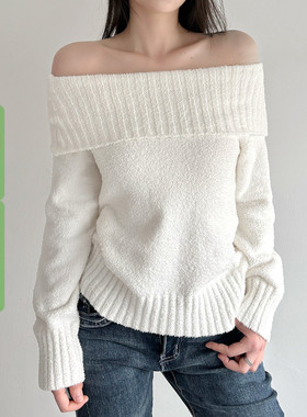 WEEKEEP 纯欲基础白色一字肩翻领坑条毛织上衣女百搭修身长袖毛衣