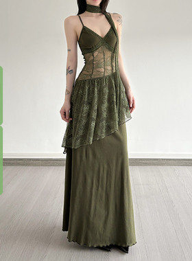 WEEKEEP 森系复古辣妹围脖蕾丝拼接露腰吊带连衣裙收腰露背长裙