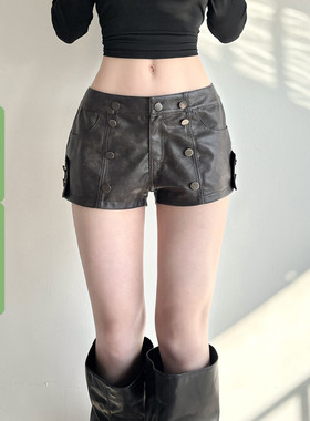 WEEKEEP 美式街头辣妹复古做旧金属扣低腰皮裤百搭修身性感短裤潮