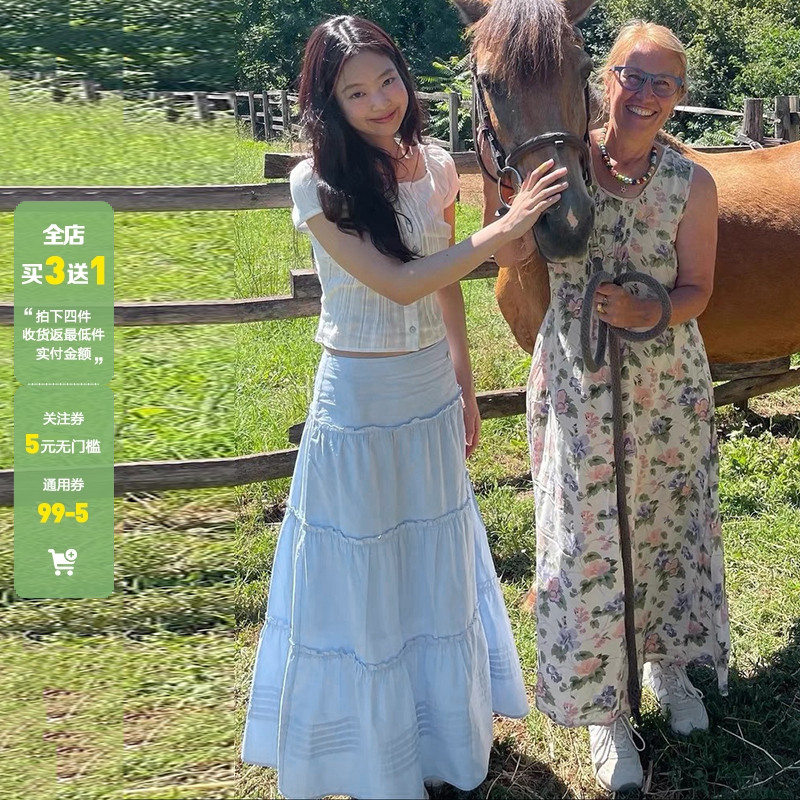 WEEKEEP 度假风甜美少女蓝色分割半身裙休闲百搭A摆显瘦蛋糕长裙