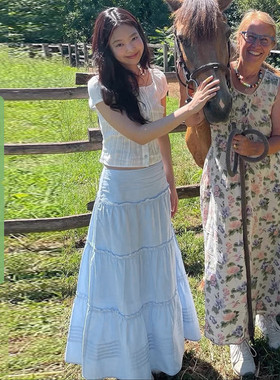 WEEKEEP 度假风甜美少女蓝色分割半身裙休闲百搭A摆显瘦蛋糕长裙