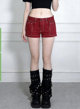 WEEKEEP 美式辣妹红色明线装饰低腰短裤百搭休闲修身包臀牛仔裤潮