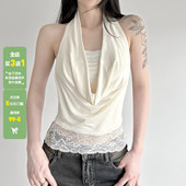 WEEKEEP 纯欲风荡领假两件蕾丝拼接挂脖露背吊带百搭性感修身 背心