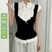 WEEKEEP 短上衣 T恤女百搭修身 法式 宫廷风撞色拼接木耳边系带短袖