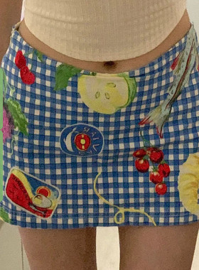 WEEKEEP 小众辣妹特色水果花卉格纹印花半身裙低腰修身显瘦短裙