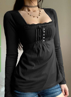 WEEKEEP 法式少女黑色蕾丝拼接方领长袖T恤百搭高腰A摆显瘦上衣