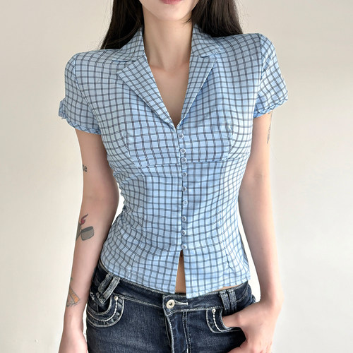 WEEKEEP 小清新蓝色格纹翻领排扣短袖衬衫女百搭修身收腰显瘦上衣