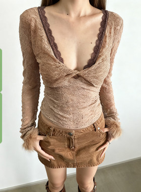 WEEKEEP 复古蕾丝撞色花边扭结V领长袖T恤女百搭修身收腰显瘦上衣