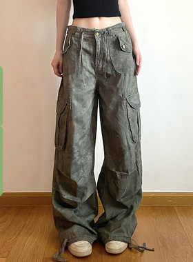 WEEKEEP 美式复古迷彩工装裤女嘻哈百搭帅气宽松垂感牛仔休闲裤潮