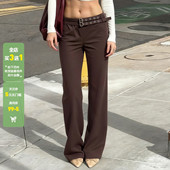 WEEKEEP 垂感长裤 简约通勤纯色金属扣腰带直筒低腰休闲裤 百搭修身