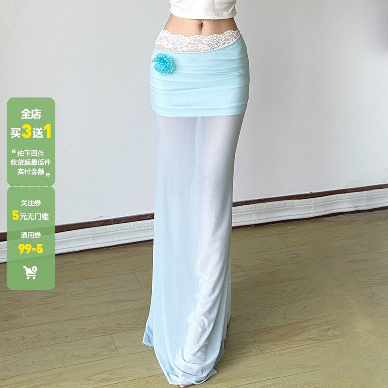 WEEKEEP 度假风纯欲蓝色立体花网纱蕾丝拼接半身裙修身包臀长裙夏