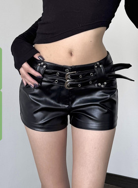 WEEKEEP 街头暗黑风辣妹性感金属扣腰带皮裤百搭低腰紧身包臀短裤