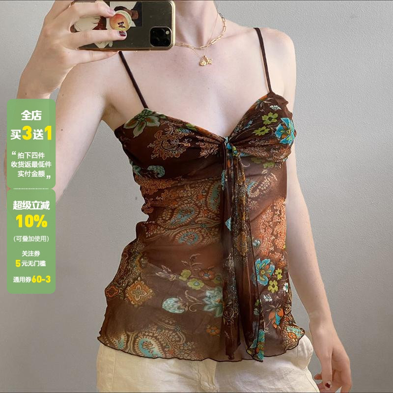 WEEKEEP 中古小众印花绑带设计吊带背心女古着感外穿网纱修身上衣