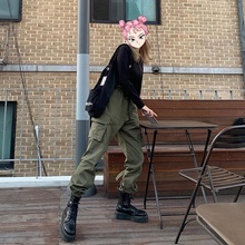 ins风酷girl军绿色口袋束脚工装裤女款高腰战术百搭帅气长裤秋潮