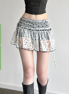 WEEKEEP 小众辣妹星星印花侧边绑带抽褶半身裙百搭低腰A字短裙