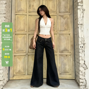 女休闲宽松阔腿显瘦长裤 WEEKEEP 街头复古基础百搭明线黑色牛仔裤