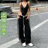 女百搭宽松显瘦跳舞长裤 WEEKEEP 简约基础撞色拼接低腰系带休闲裤