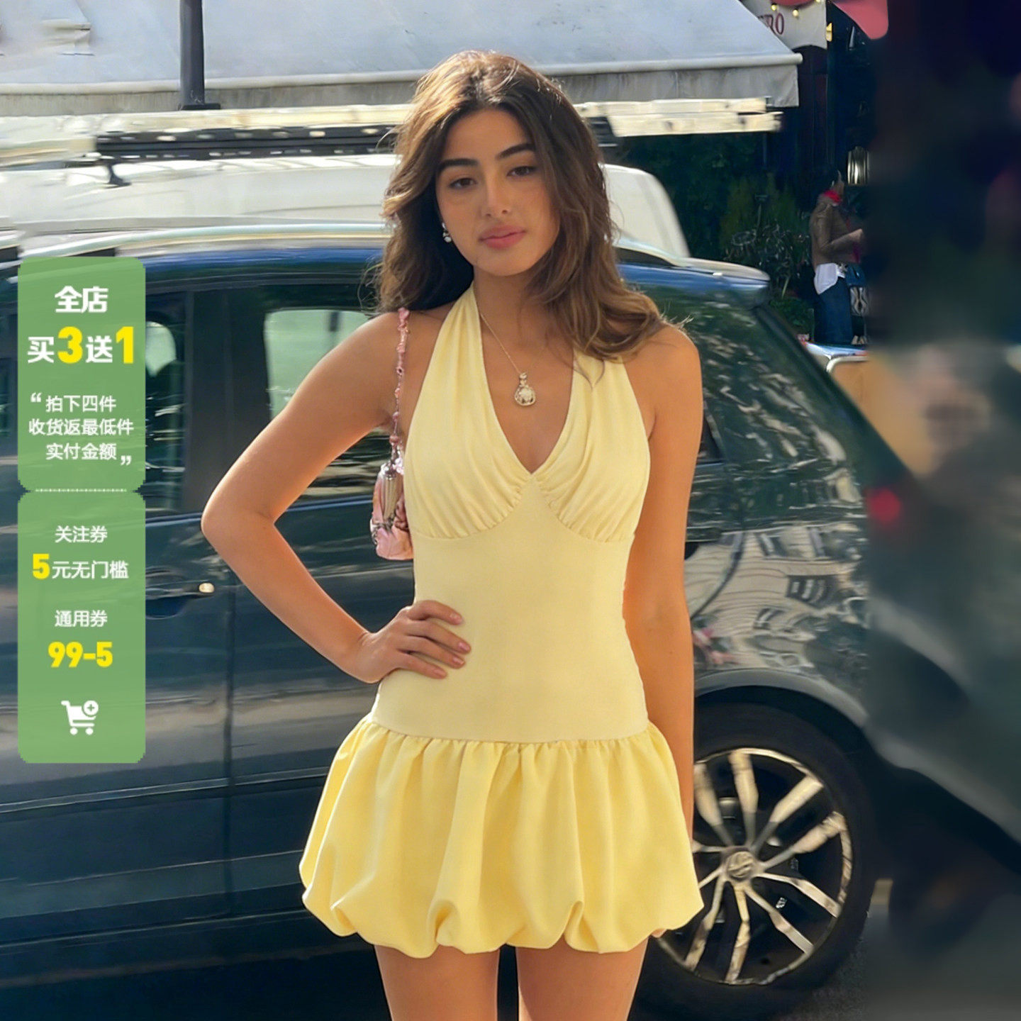 WEEKEEP 甜美少女风V领挂脖绑带露背连衣裙纯色修身收腰花苞短裙