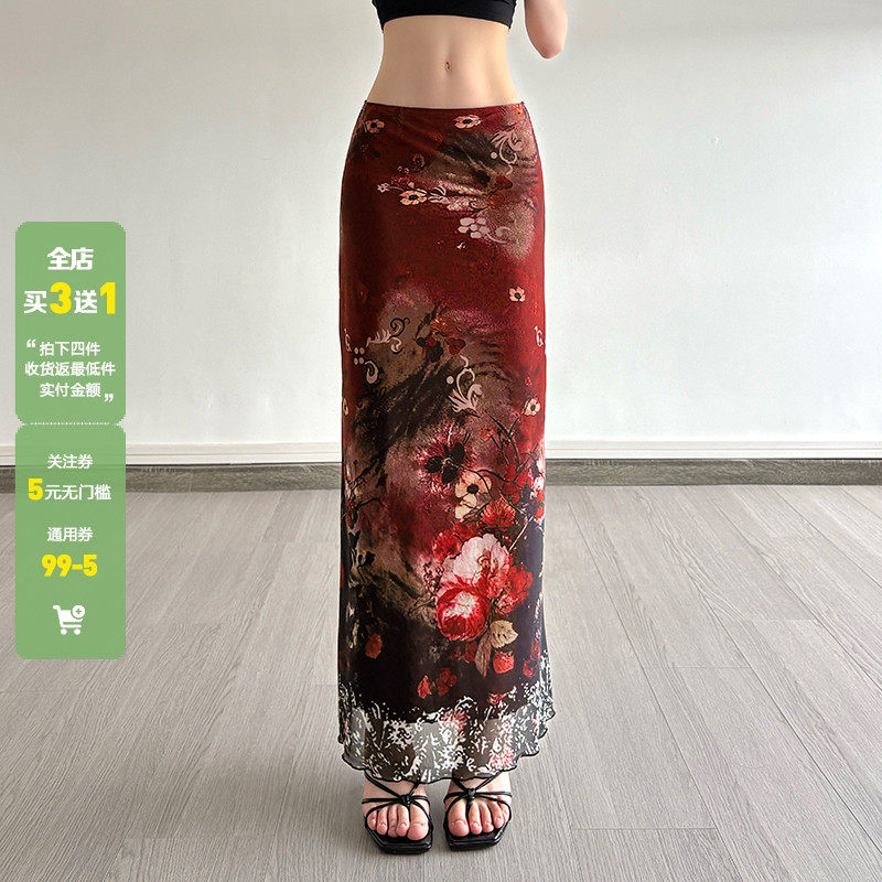 WEEKEEP 古着辣妹红色花卉印花网纱半身裙低腰直筒修身显瘦长裙