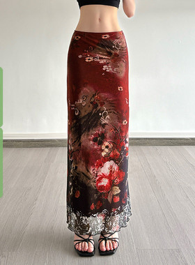 WEEKEEP 古着辣妹红色花卉印花网纱半身裙低腰直筒修身显瘦长裙