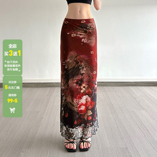 WEEKEEP 显瘦长裙 古着辣妹红色花卉印花网纱半身裙低腰直筒修身